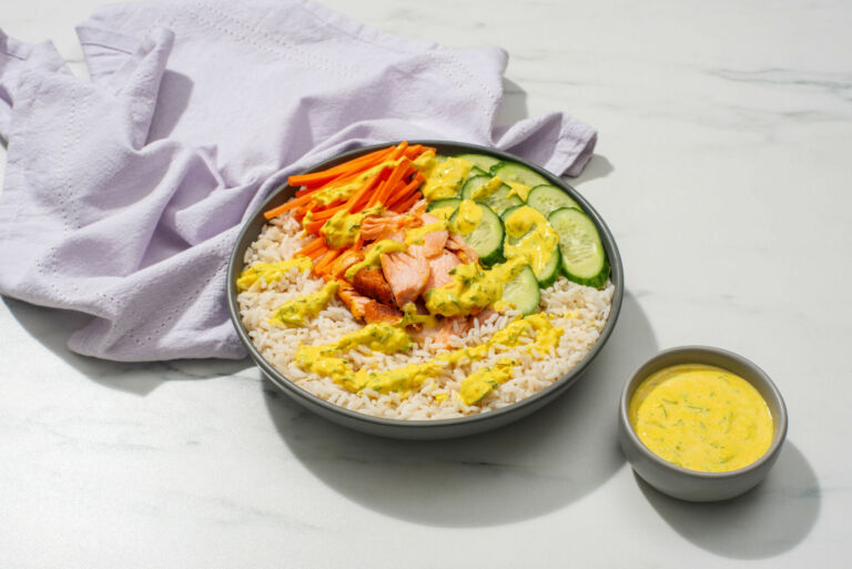 Salmon Rice Bowl with Turmeric Yogurt Drizzle