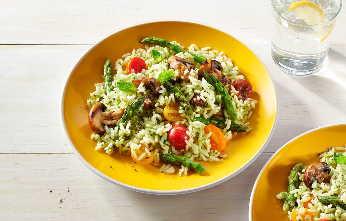 Lemon Mint Pesto Rice Salad with Grilled Asparagus and Mushrooms