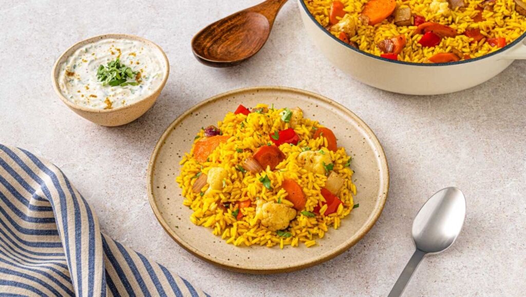 vegetable biryani with yellow jasmine rice